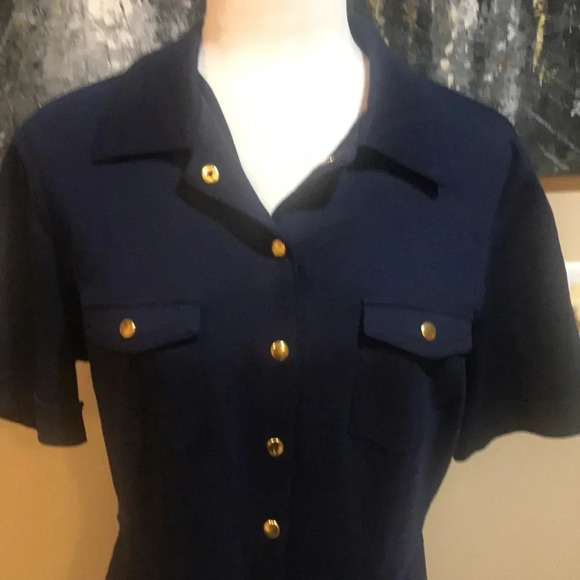 New York & Company Navy Gold Button Front collared Breast Pockets Dress-Size L - Picture 5 of 8